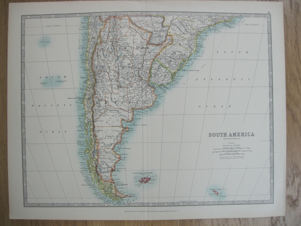 Mapa del sur de Sudamérica, ca. 1880. W.& A. K. Johnston